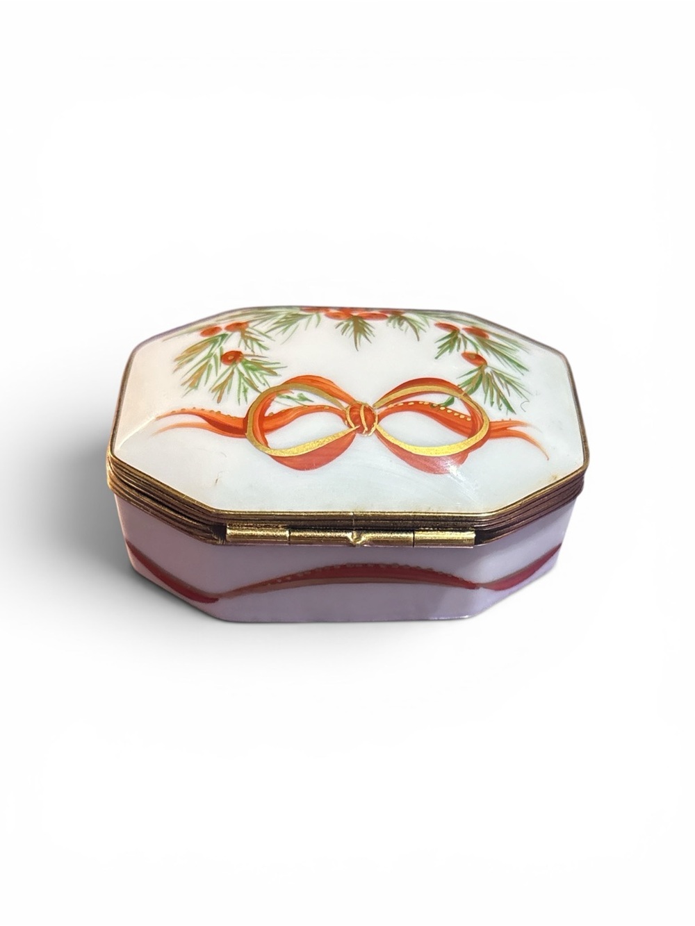 Hand-Painted Limoges, France Porcelain Trinket Box with Christmas Motif